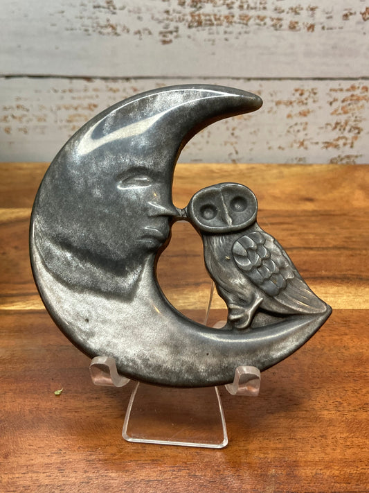 Silver Sheen Obsidian Moon with Owl