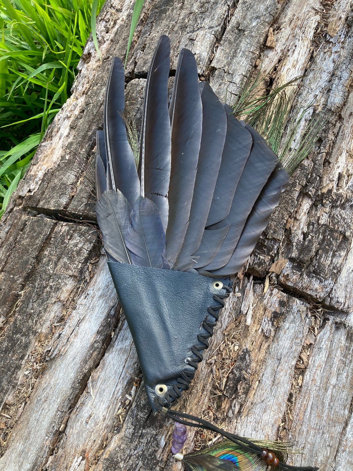 Crow with Guinea Fowl & Peacock Smudge Fan