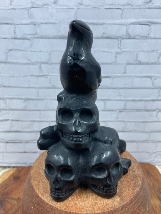 Black Obsidian Skulls with Crow