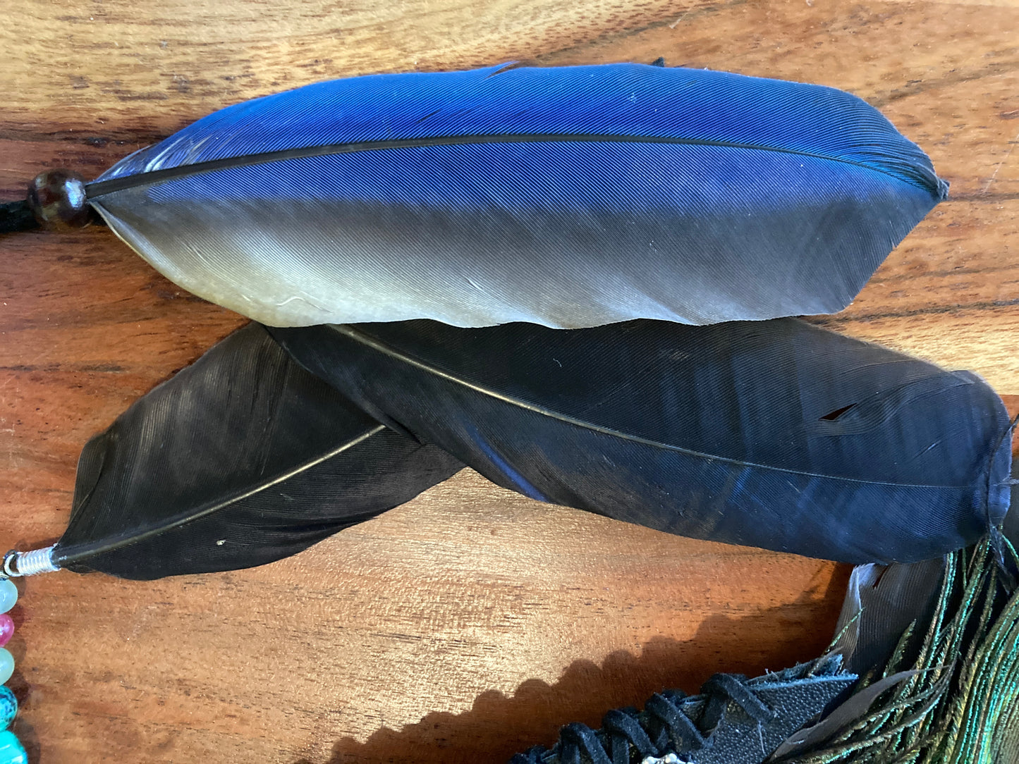 Crow with Macaw, Rooster & Peacock Feathered Smudging Fan