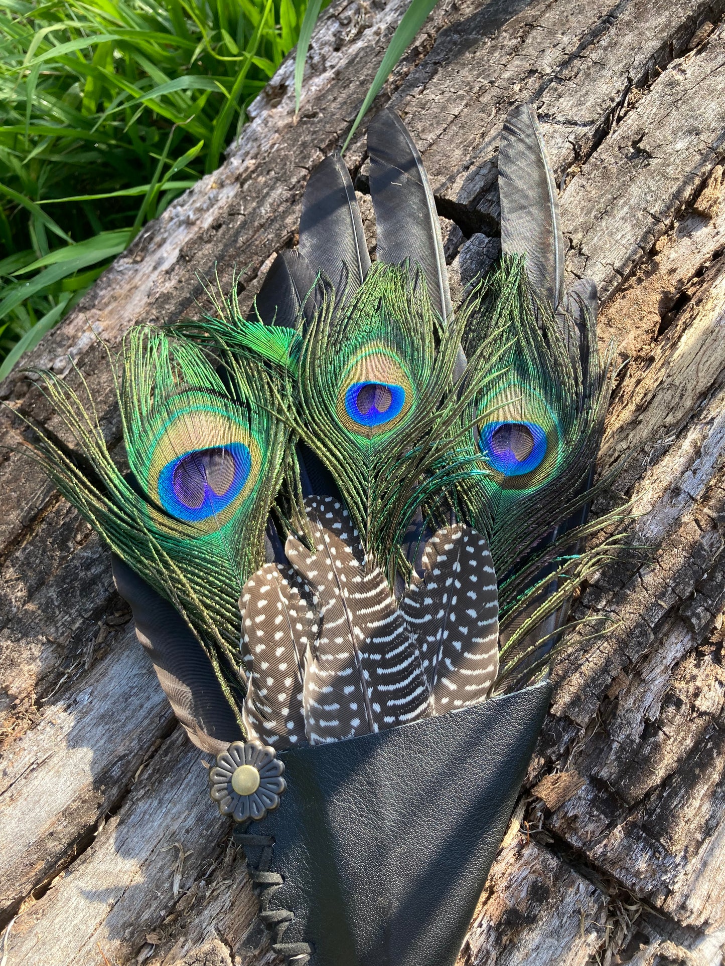 Crow with Guinea Fowl & Peacock Smudge Fan