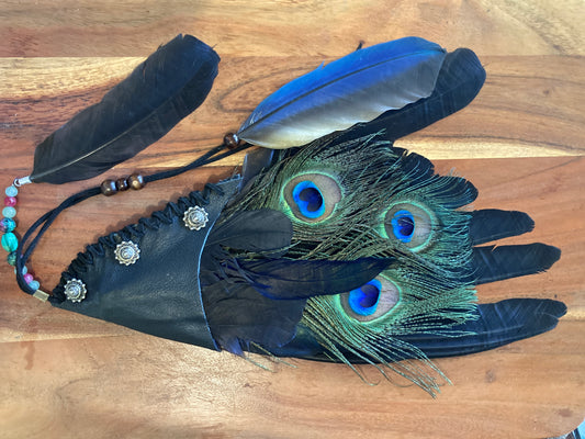 Crow with Macaw, Rooster & Peacock Feathered Smudging Fan