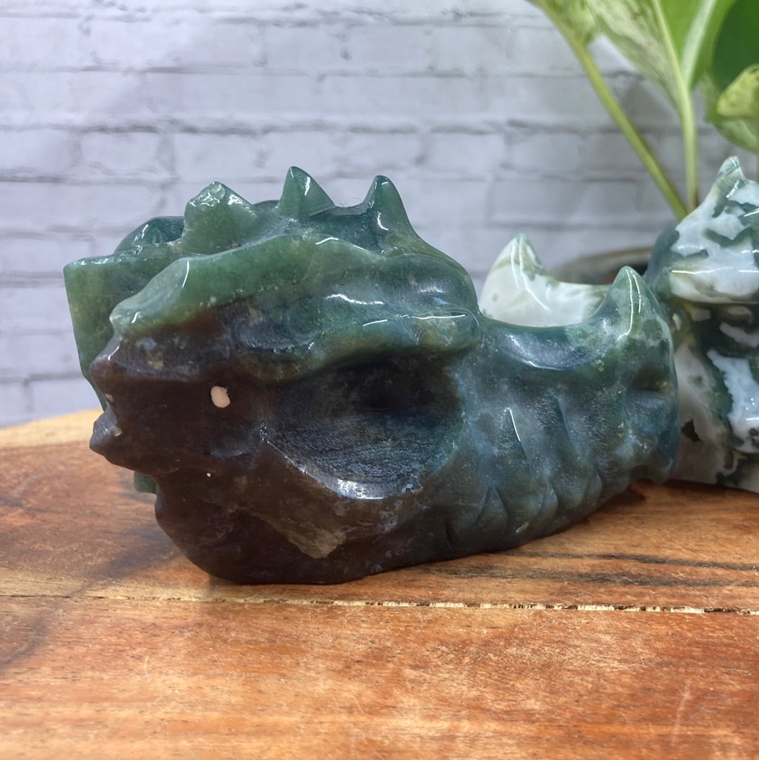 Moss Agate Dragon Skull