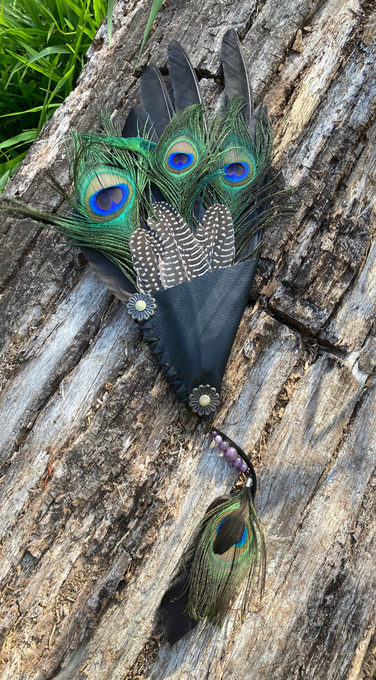 Crow with Guinea Fowl & Peacock Smudge Fan