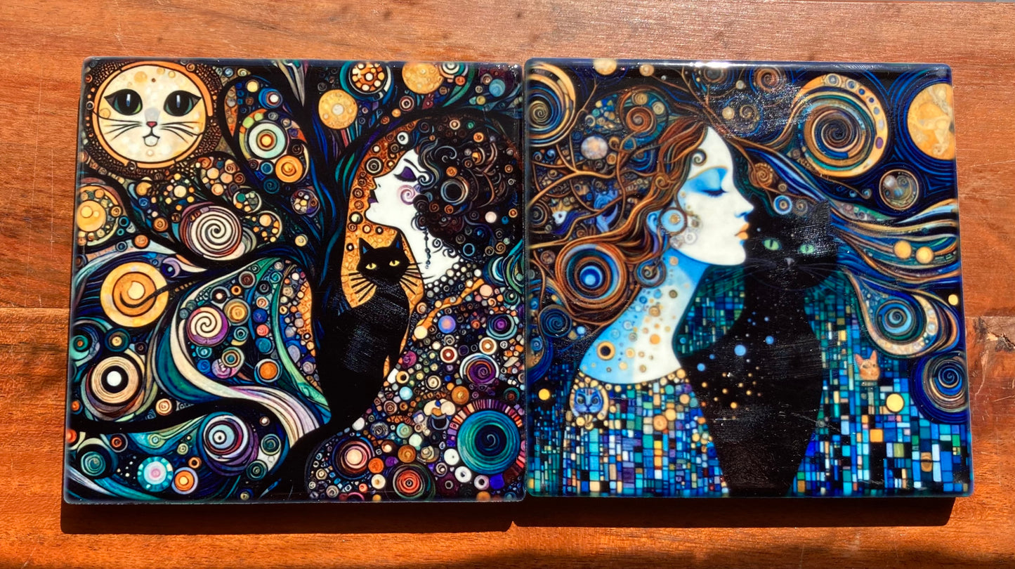 Woman with Cat Coasters