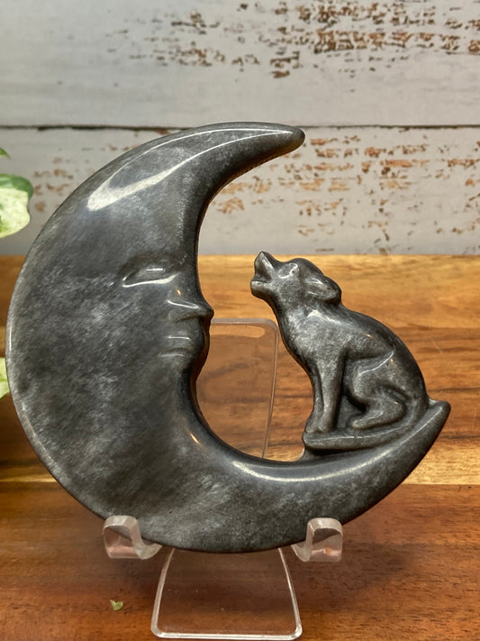 Silver Sheen Obsidian Moon with Wolf