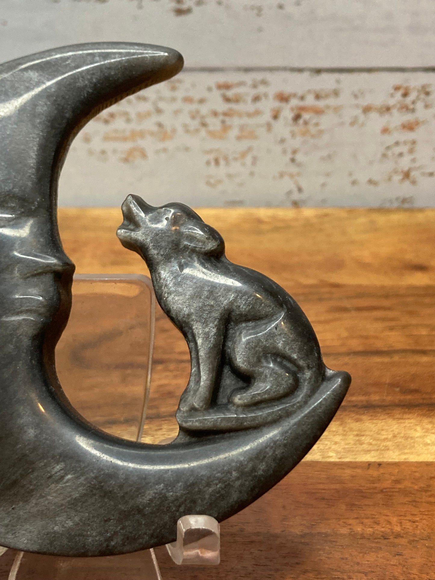 Silver Sheen Obsidian Moon with Wolf