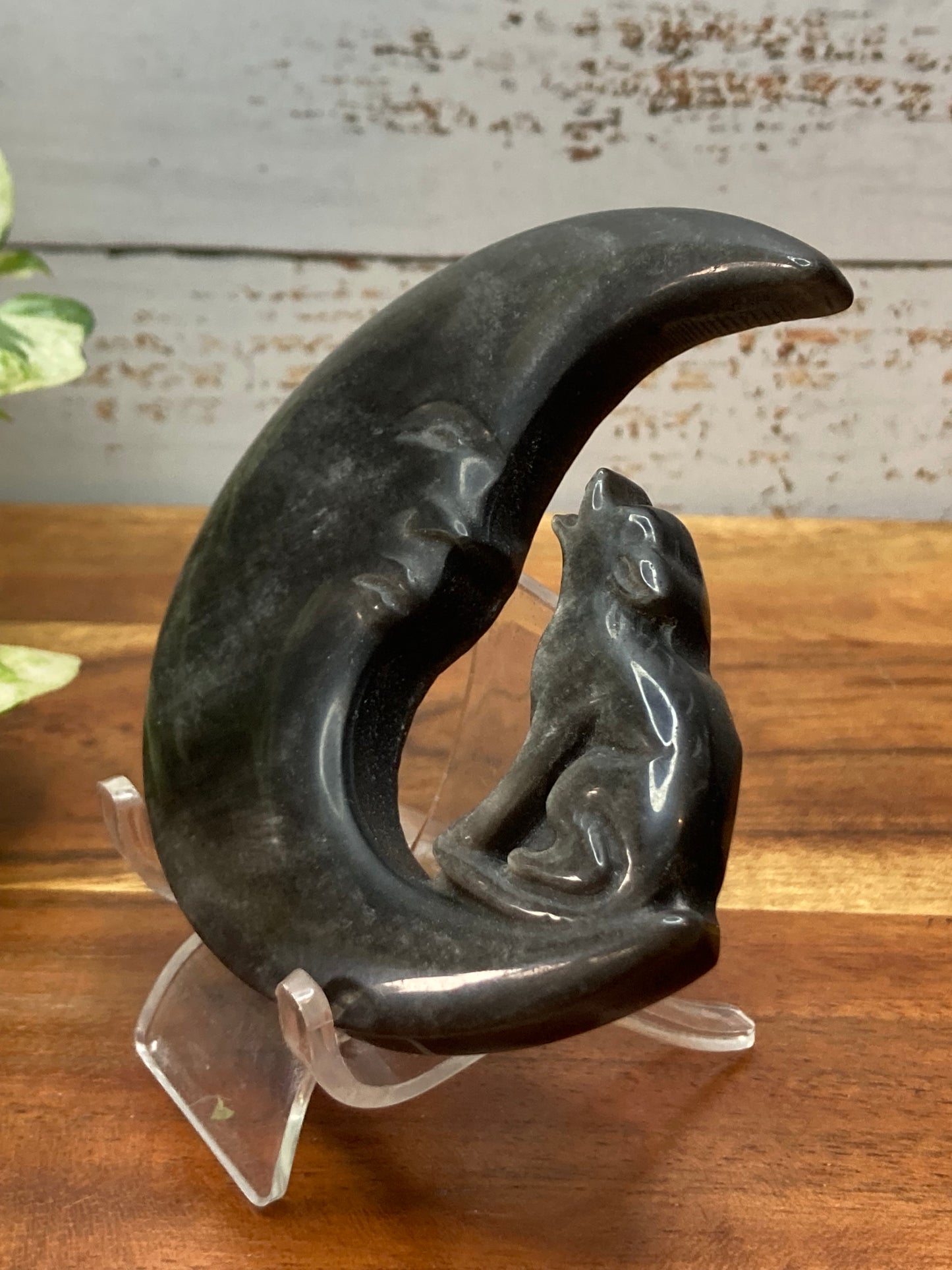 Silver Sheen Obsidian Moon with Wolf