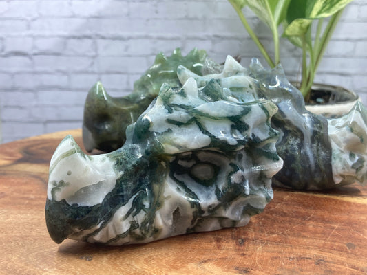 Moss Agate Dragon Skull