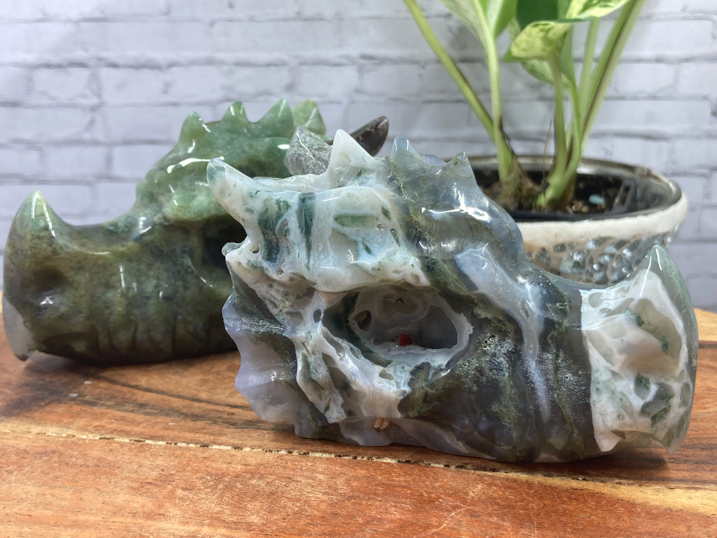 Moss Agate Dragon Skull