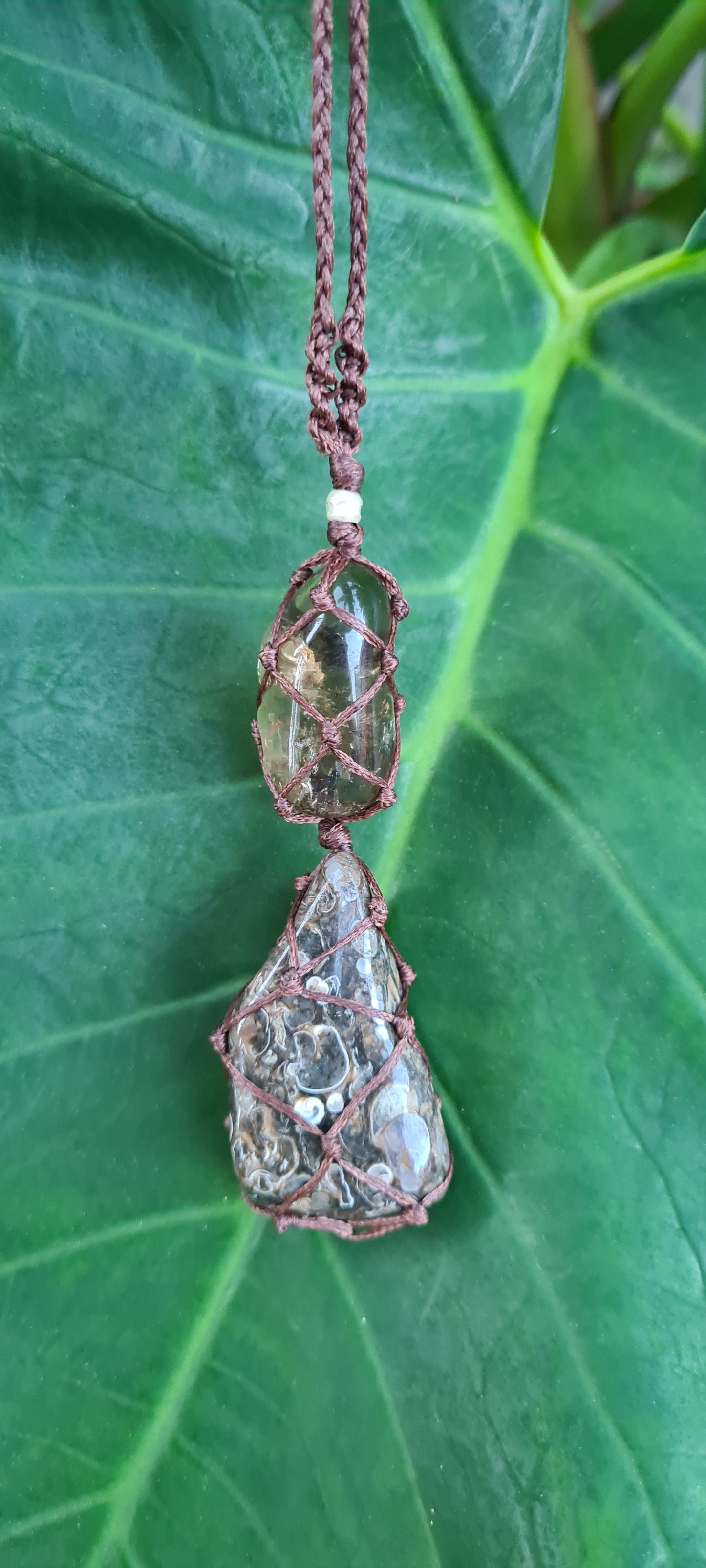 Turritella agate and citrine macrame pendant