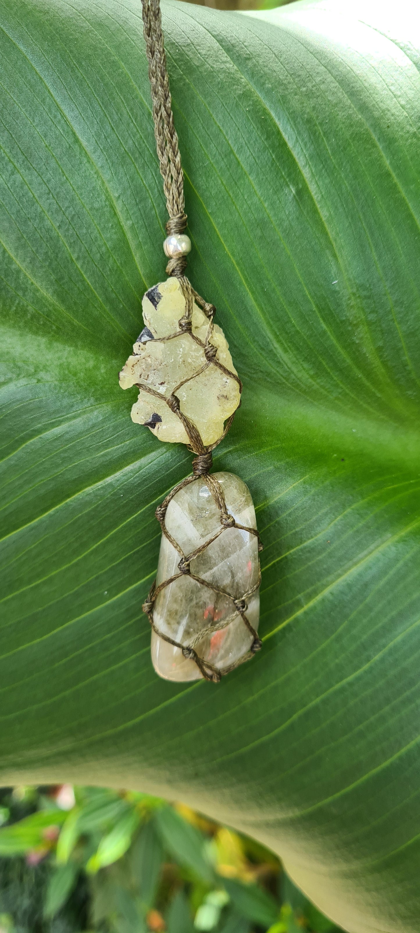 Prasiolite (green amethyst) and brucite macrame pendant