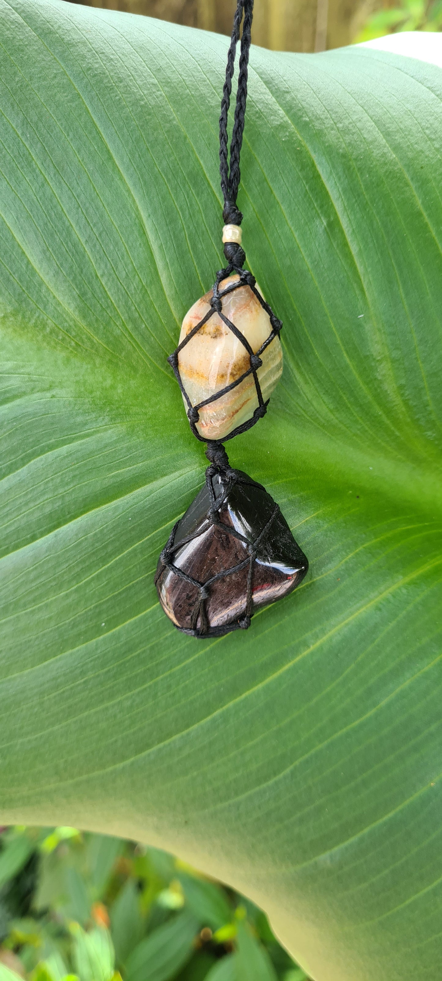 Hypersthene and Lemurian Aquatine Calcite Macrame Pendant