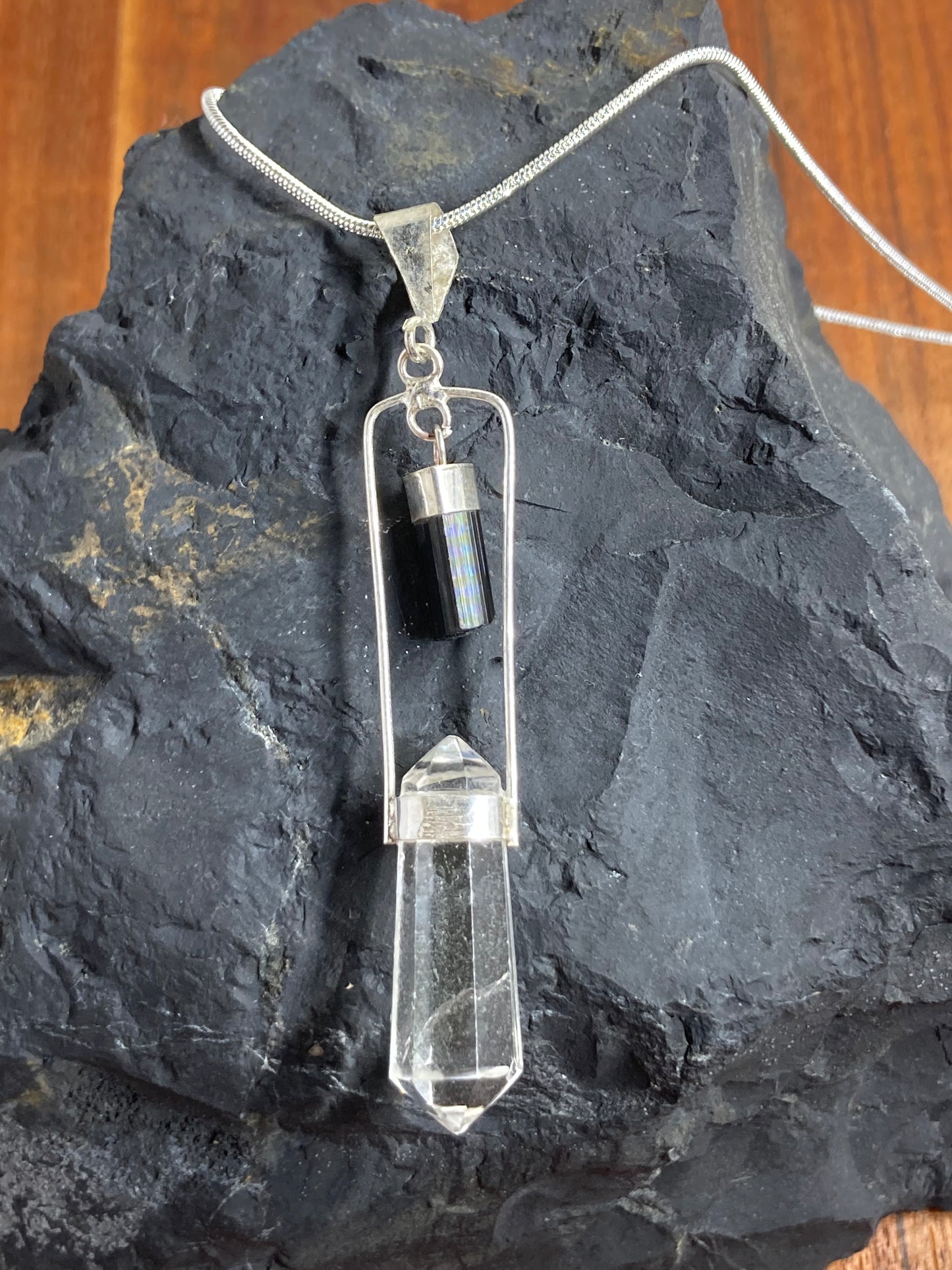 Black Tourmaline with Clear Quartz Pendant