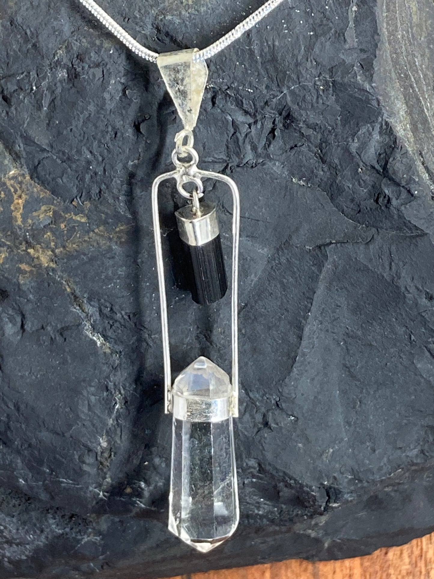 Black Tourmaline with Clear Quartz Pendant