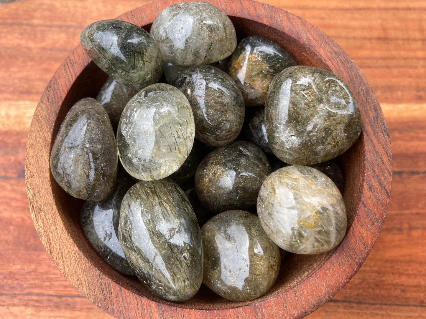 Green Tourmaline in Quartz Tumbled Stone