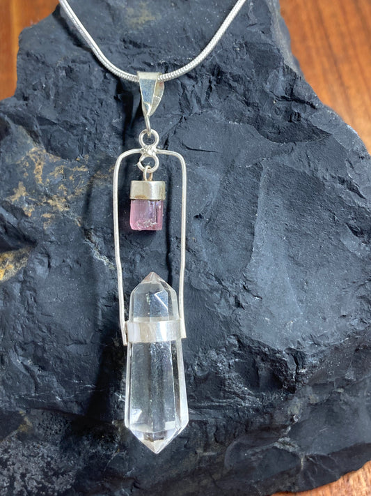 Pink Tourmaline with Clear Quartz Pendant