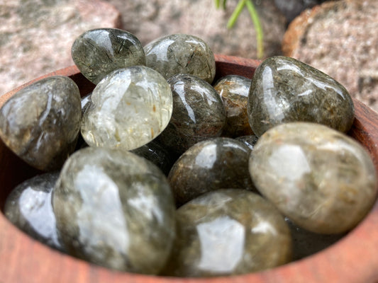 Green Tourmaline in Quartz Tumbled Stone